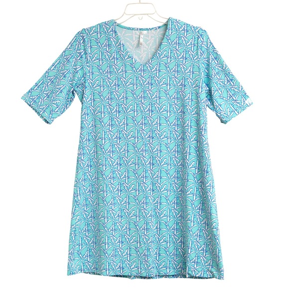 Lulu Bebe Other - LuLu B Dress Sz L Palm Tree Print Blue Dress Beachy Resort Stretch Poolside Soft